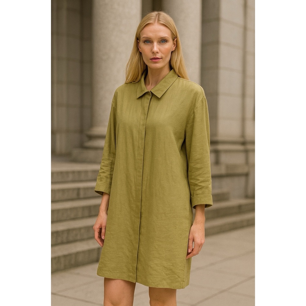 Easy Spirit Silk Linen Blend‎ Tunic Shirt Large Olive Minimalist Button Front
